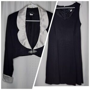 David Rose Vtg Dress Shrug Set 14 Black Crepe V-Neck Satin Collar Jewel Elegant